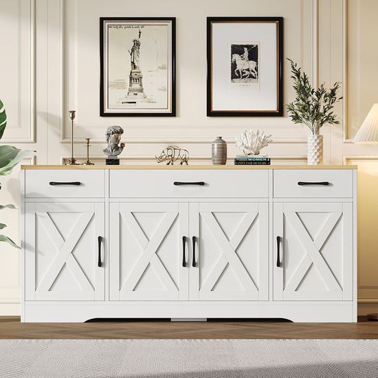 Buffet 3 Portes Blanc En MDF - 180 X 80 X 35 Cm, Rangement Spacieux Pour Salon, Cuisine Ou Couloir