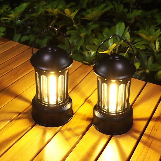 Lot De 2 Lampes Camping LED – Rétro, Intensité Variable, 3 Modes, IPX4 – 200 Lumens, AA, 60h – Pour Pêche, Rando, Urgence