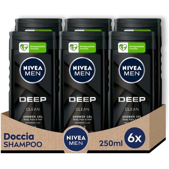 MEN Deep Clean Lot de 6 shampoings douche de 250 ml chacun pour le corps, le visage et les