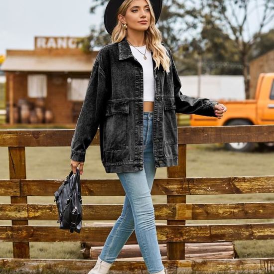 Manteau Mi-saison Veste En Jean Femme Tomwell - Blouson Court à Boutons, Poches Utilitaires, Pour Automne/hiver Manteau Mi-saison Veste En Jean Femme Tomwell - Blouson Court à Boutons, Poches Utilitaires, Pour Automne/hiver