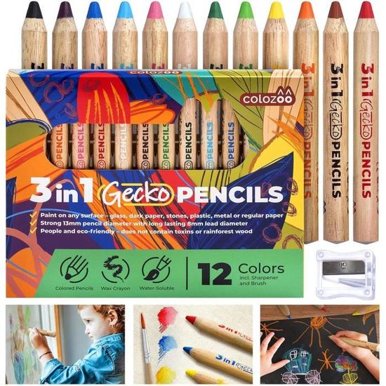 Crayons De Couleurs Enfants 3 En 1 Set De 12 Couleurs Avec Brosse