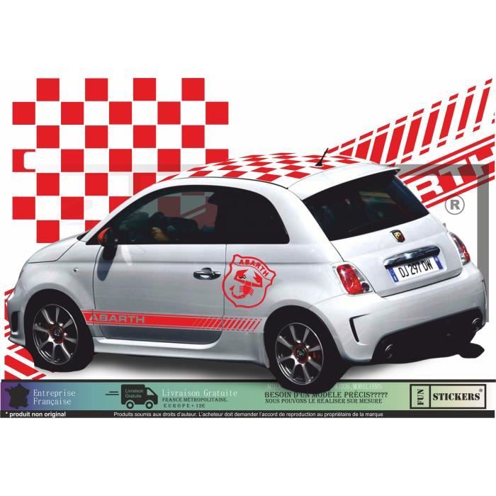 Fiat 500 - ROUGE - Kit toit damier bandes bas de caisses logo Abarth - Tuning Sticker Autocollant Graphic Decals