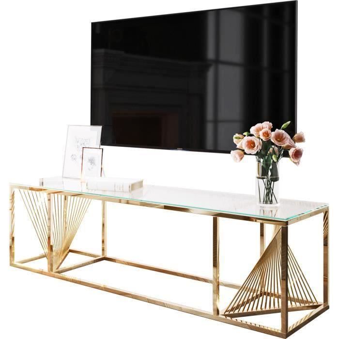 Meuble tv design en acier inoxydable poli doré et verre trempé L. 160 x P. 45 x H. 45 cm collection BOLZANO Or, Transparent