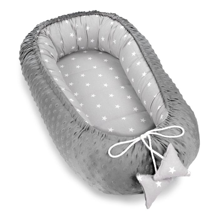 Réducteur Lit Bébé 90x50 cm - Matelas Cocoon Cale Bebe pour Lit Baby Nest Coton avec Minky Gris-blanc avec étoiles minky gris foncé