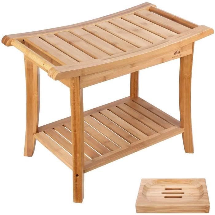 HOMECHO Banc de Douche avec Ètagère de Rangement et 1 Porte-Savon Tabouret de Douche en Bambou Salle de Bain 2 Niveau Siège de Douch