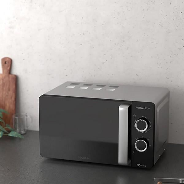 Micro ondes Multifonction Design Argenté Noir, Ouverture droite , Petite Taille, 5 Modes, Minuterie, 20L, 700W