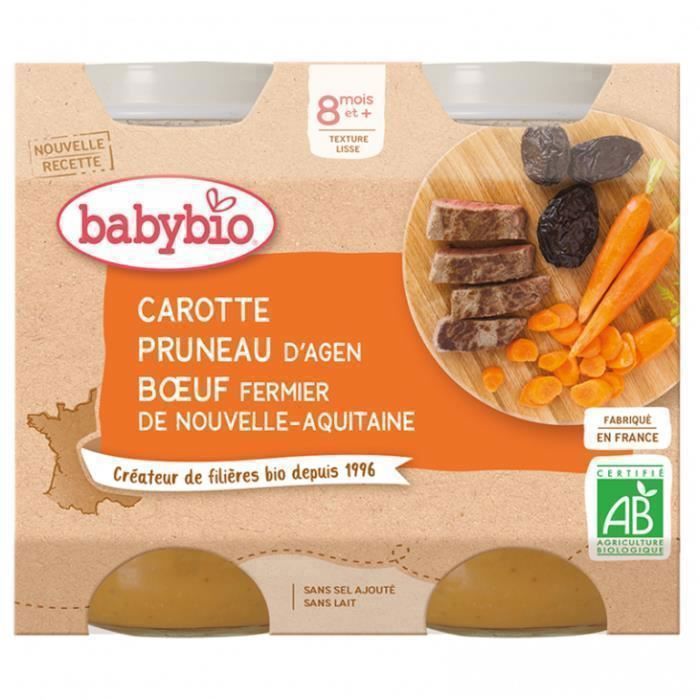 Babybio - Petit Pot Bébé Carotte Pruneau Boeuf - Bio - 2x200g - Dès 8 mois