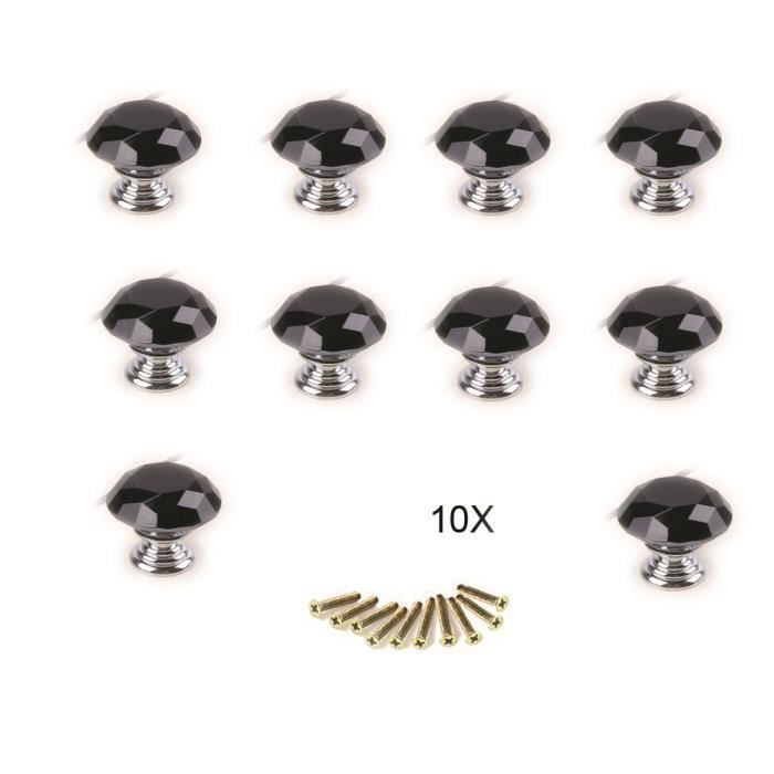 10 × Noir Bouton de Meuble en Verre Cristal Poignée de Meuble en Diamant pour Armoires Porte de Cuisine Boutons Tiroir - 40mm