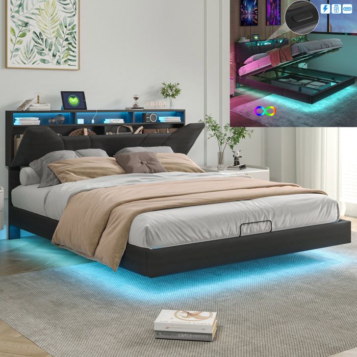 Lit Coffre 140x200 Cm, Avec éclairage LED, Hydraulique De Rangement Usb Charge Sommier A Lattes En Bois Cadre En Metal Lit Capitonne En Lin Gris 84222162