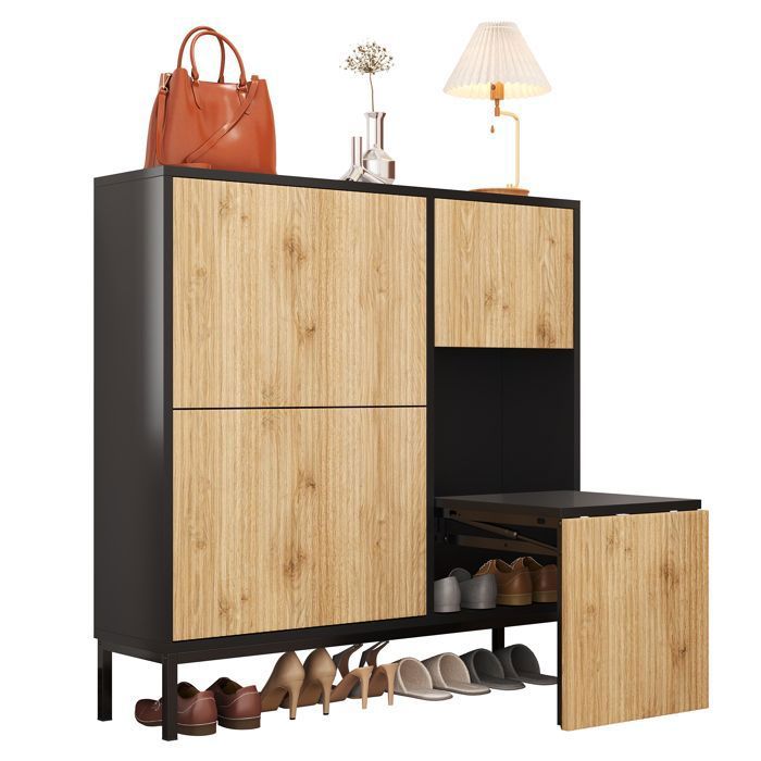 Armoire à chaussures 100x25x100 cm avec trois volets Meuble a chaussures avec tabouret Meuble entree en noir
