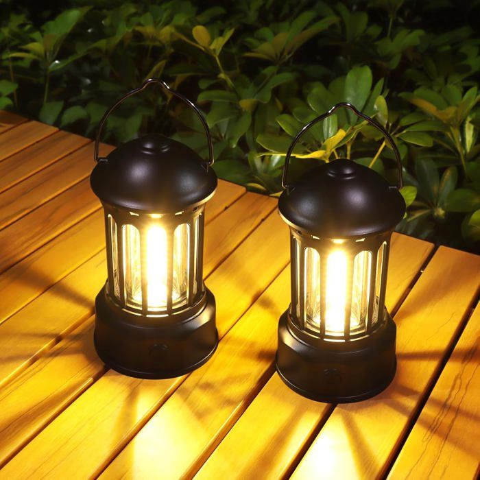 Lot 2 Lampes Camping LED – Lanterne Tente 360° 3 Modes (Forte/Douce/Clignotante), Aimant Puissant + Crochet, Piles (Non Incluses), Éclairage Nuit Camping & Urgence