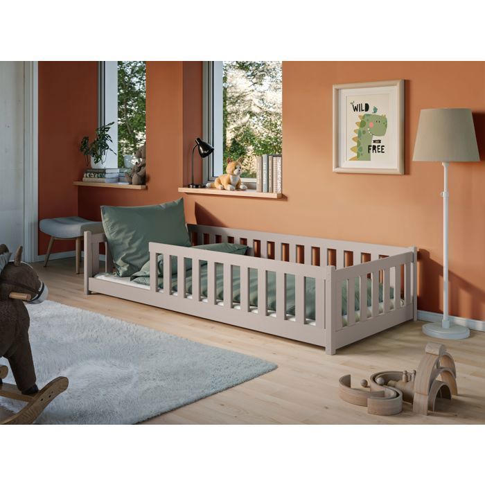 Lit au sol enfant 80x160 cm - Matelas INCLUS - Avec sommier + barrière de lit - Lit Montessori enfant - Pin massif - Cachemire