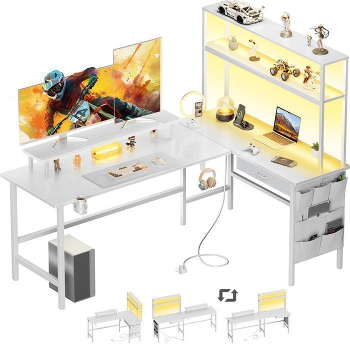 HLONONE Bureau dangle avec Rangement 170 x 100 cm Bureau Gaming en L avec Prise Intégrée & LED Support de Moniteur Blanc