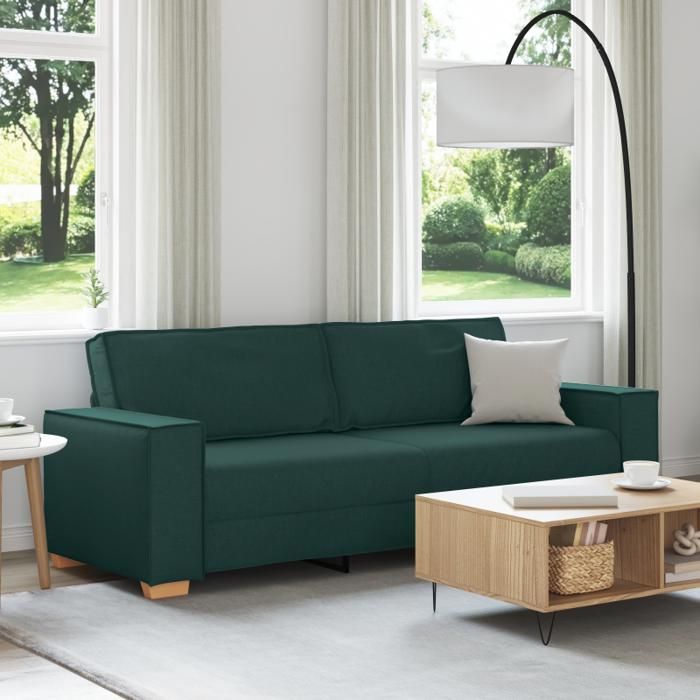 Canapé 3 places - Vert foncé - Tissu polyester - Design contemporain - Confort moelleux