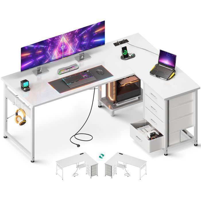 Bureau dAngle avec 4 Tiroirs Coleshome Bureau en L Réversible avec Prises/USB pour Domicile 135x100cm Blanc
