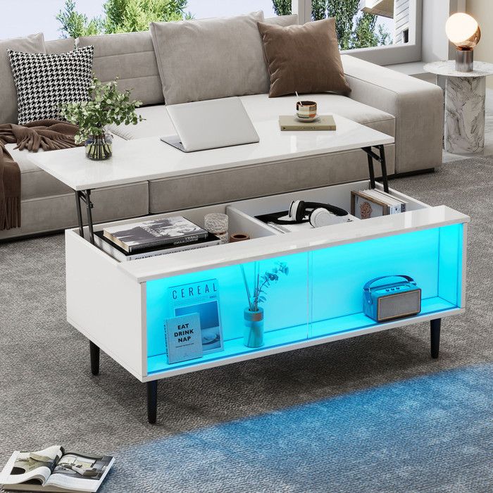 Table basse blanc avec rangement caché - Plateau relevable - Table basse de salon avec lampe LED - Rangement et vitrine en verre