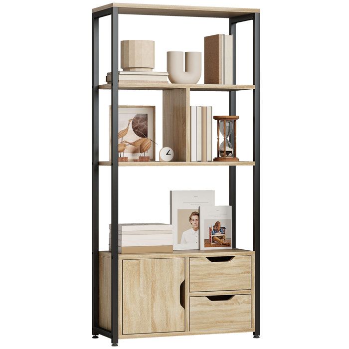 Étagère de rangement - HOMCOM - industriel - 3 étagères placard porte 2 tiroirs - 58 x 24 x 122 cm - effet bois naturel acier noir
