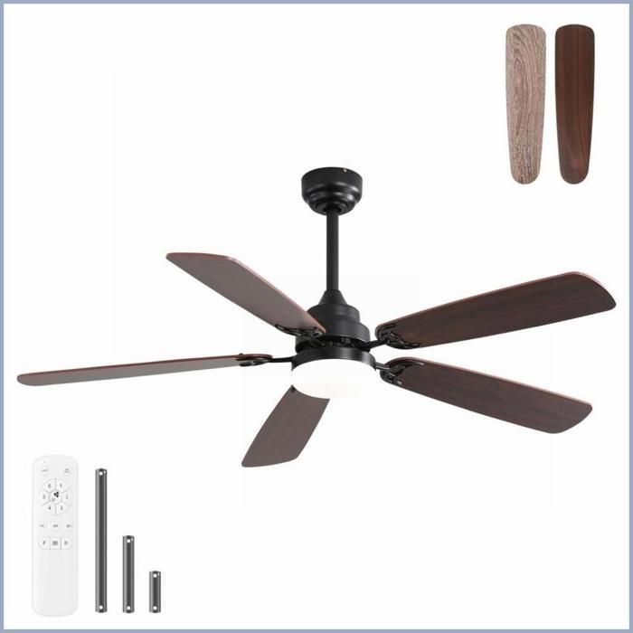 Ventilateur de plafond 52 pouces - Lumière LED réglable - Moteur DC réversible - Télécommande - Noir mat - Beverlyachorn