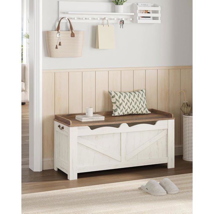 Banc de Rangement Coffre de Rangement à Couvercle Relevable avec 2 Charnières Stables pour Chambre Entrée Blanc et Marron