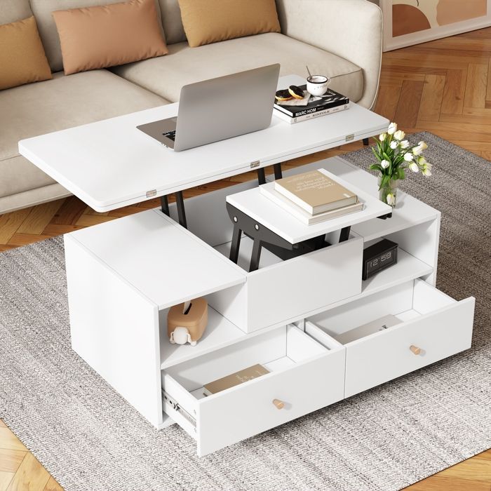 Table Basse Réglable en Hauteur avec Fonction Pliante et 4 Tiroirs Table dappoint Mobile avec Roulettes