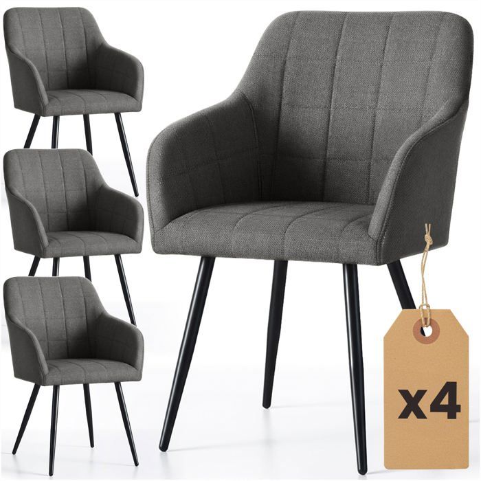 Lot de 4 Chaises rembourrées à surpiqûres carrées LUXANO Anthracite pieds noirs tissu Lumos