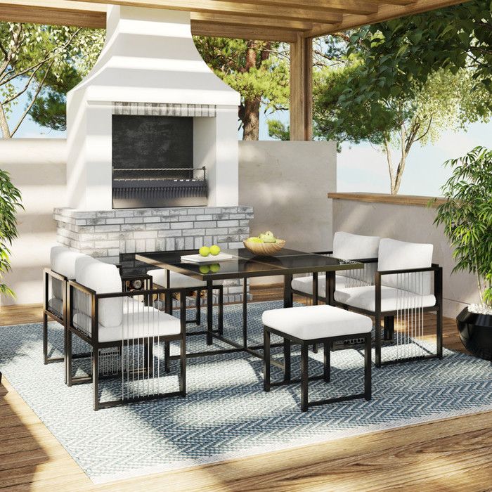 Ensemble de table et chaises dextérieur 6 personnes table en verre trempé noir chaises en corde épaisseur amovibles