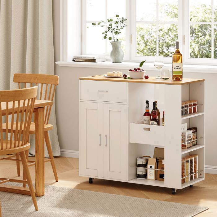 Buffet bahut 102×46×92cm avec tiroirs desserte cuisine à roulettes buffet cuisine avec étagères ouvertes salle à manger bois Blanc