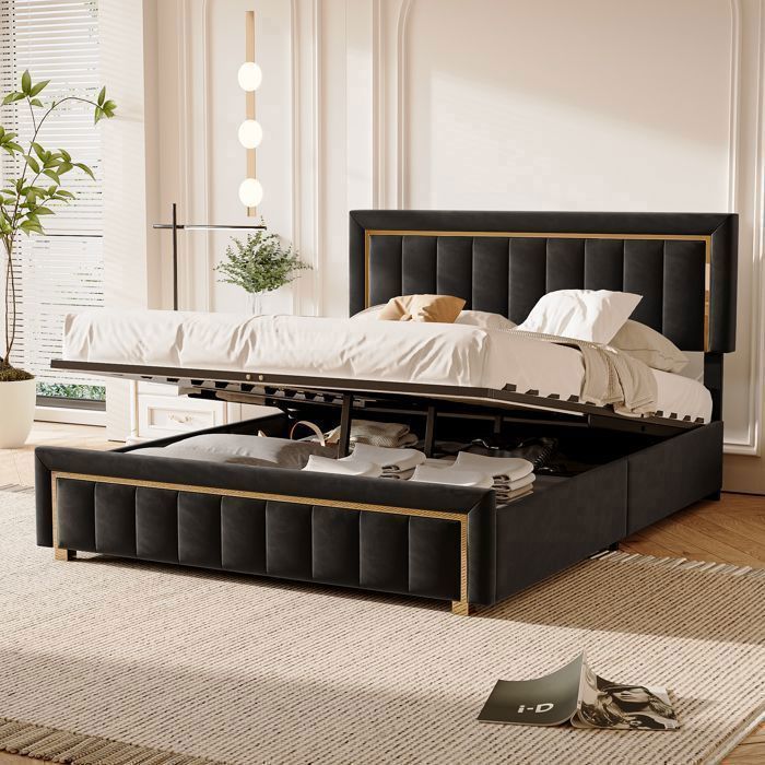 Lit Double 160x200 cm Velours Noir Sommier Coffre avec Rangement Hydraulique Style Moderne pour Chambre Adulte