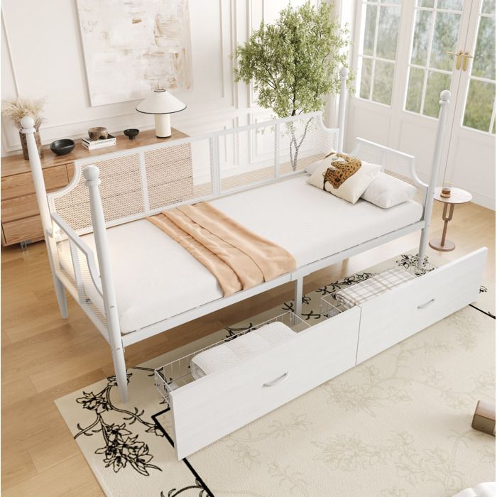 Lit simple blanc 90×200 cm tiroirs sous le lit style vintage cadre métal solide sans matelas
