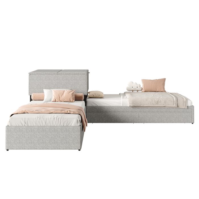 VLIVRA Lit combiné Lit 3 Places armoire d’angle 2 tiroirs et couchage gigogne 90×200 cm sans matelas