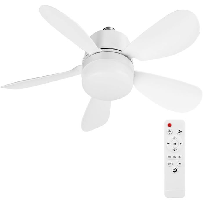 Ventilateur de Plafond avec Lumière et TelecommandeE27/E26 Lampe Ventilateur LED Dimmable Plafonnier Timing5 PalesBlanc 30W 42cm