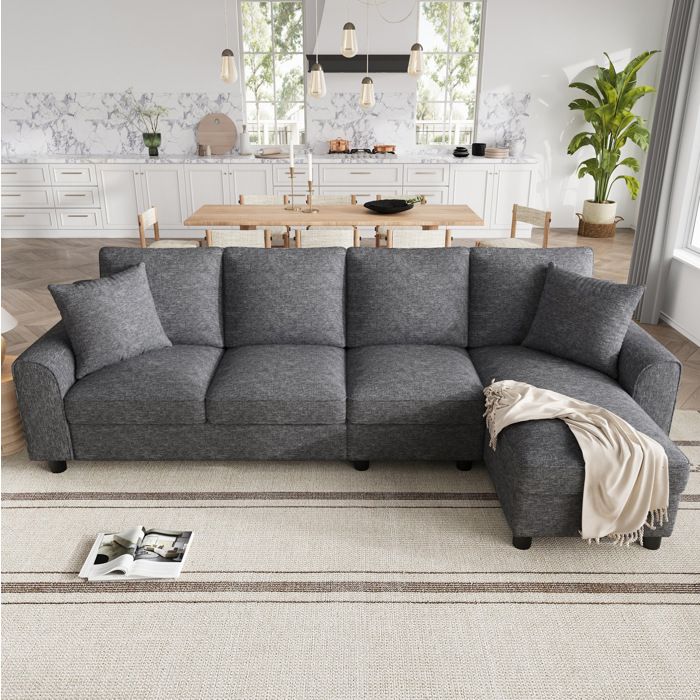 Canapé dangle 4 places modulable avec chaiselongue coffre de rangement et porte-gobelets - TCQPZ - Chenille Gris 280×136×82 cm