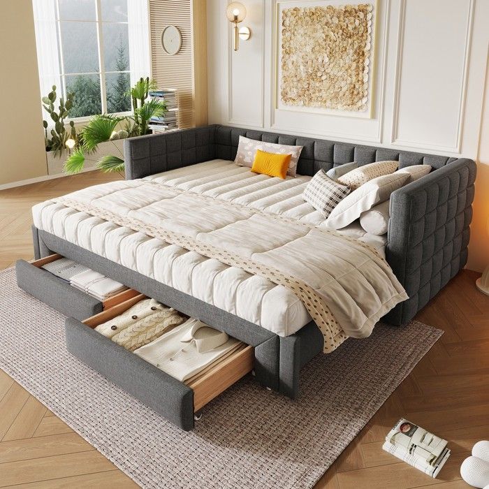 Canapé-lit convertible - PAGE Living - 90x200 cm - Velours gris - 2 tiroirs