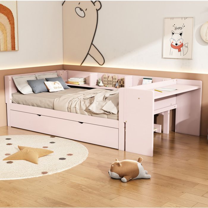 Lit combiné enfant 90x200 cm - lit gigogne 90x180 bureau intégré 3 étagères latérales rose