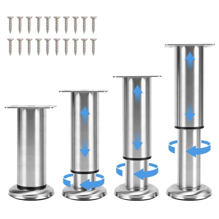 Lot de 4 pieds télescopiques inox avec coussinets 12-18cm pour buffet TV canapé-lit. Meoiruery