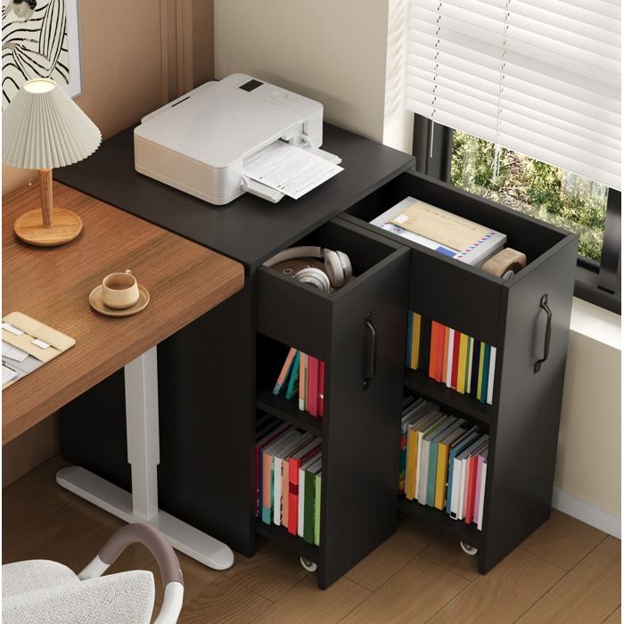 Bibliothèque à Roulettes 2 Modules Coulissants et 3 Étagères - TCQPZ - Réversible Bureau Noir 52×50×75 cm