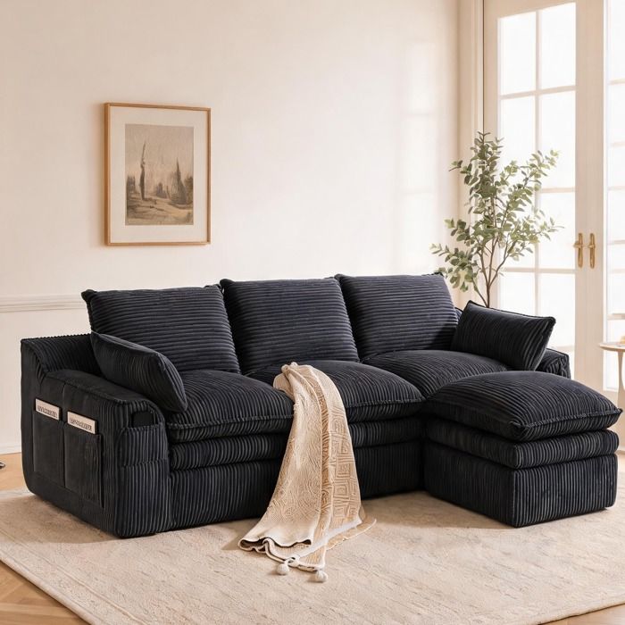 Canapé 3 places modulable en velours côtelé slate gray mousse et ressorts pouf et coussins inclus