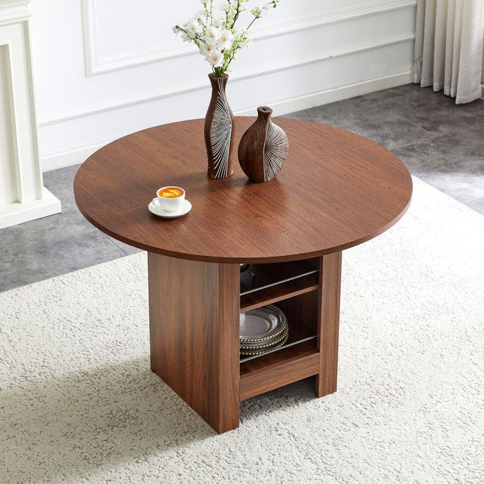 MEUBLIV Table à manger ronde 100 cm noyer MDF rangements ouverts 4 à 6 personnes