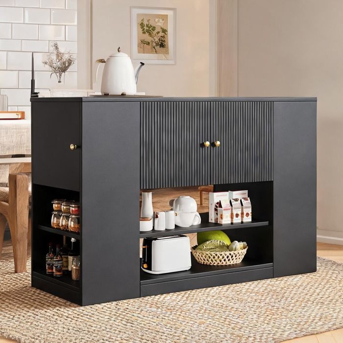 Îlot central de cuisine en MDF noir mat avec tiroirs étagères doubles et table escamotable 140 x 40 x 90 cm