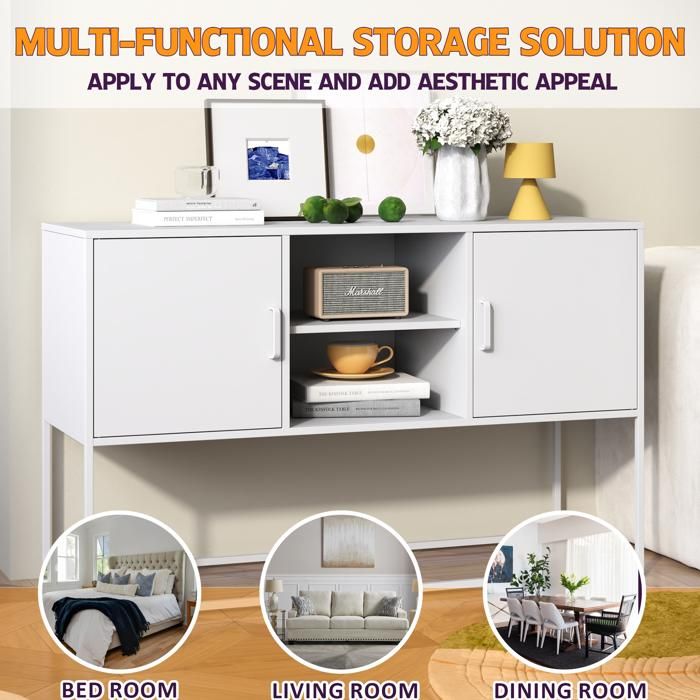 Buffet bas en métal blanc 120 x 40 x 75 cm avec 6 compartiments 3 étagères fixes et portes