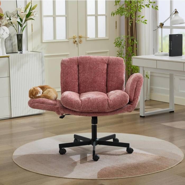 Chaise de Bureau Pivotante - avec Hauteur Réglable et Accoudoirs Relevables - avec Roulettes - en Chenille Rose