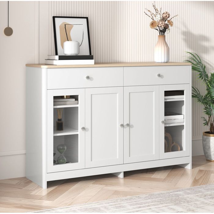 Buffet 2 Tiroirs 4 Portes Blanc Bois Bahut Campagne FloraGrace Pour Salon Ou Salle A Manger Etagères Réglables 120x37x80cm
