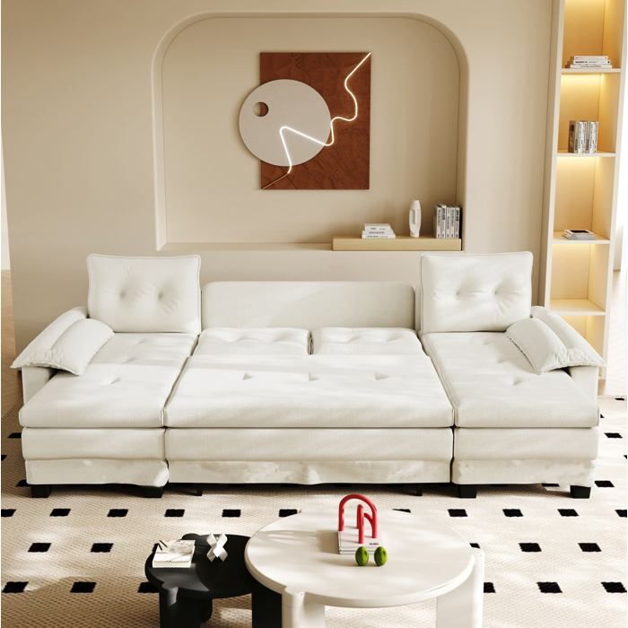 WUVRIE Canape convertible en U 278 cm avec lit tiroir USB accoudoirs amovibles chenille beige