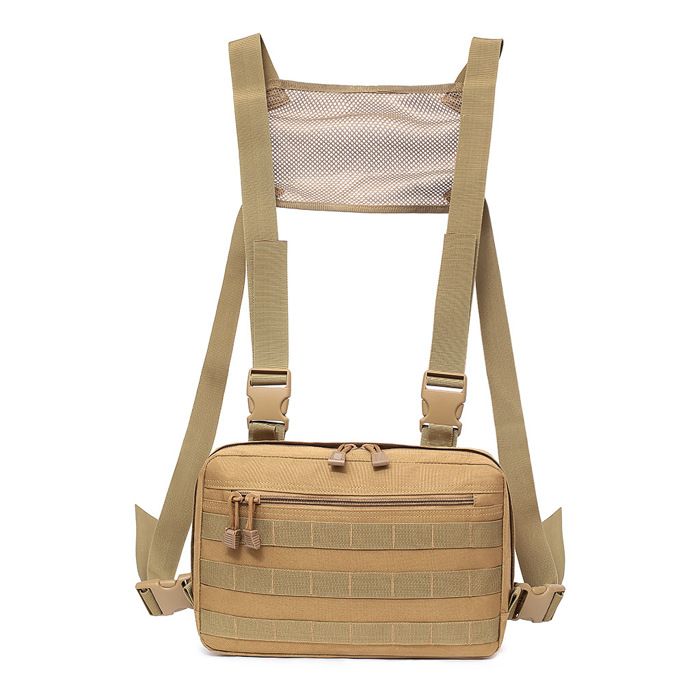Sac tactique poitrine-Grand compartiment principal-Poche avant zippée-Tissu nylon résistantSac à de Camping Capacité(Kaki)