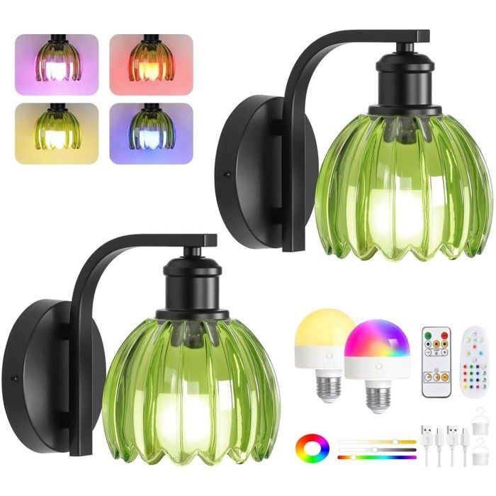 Applique murale sans fil rechargeable avec abat-jour en verre et télécommande —(2 pièces)