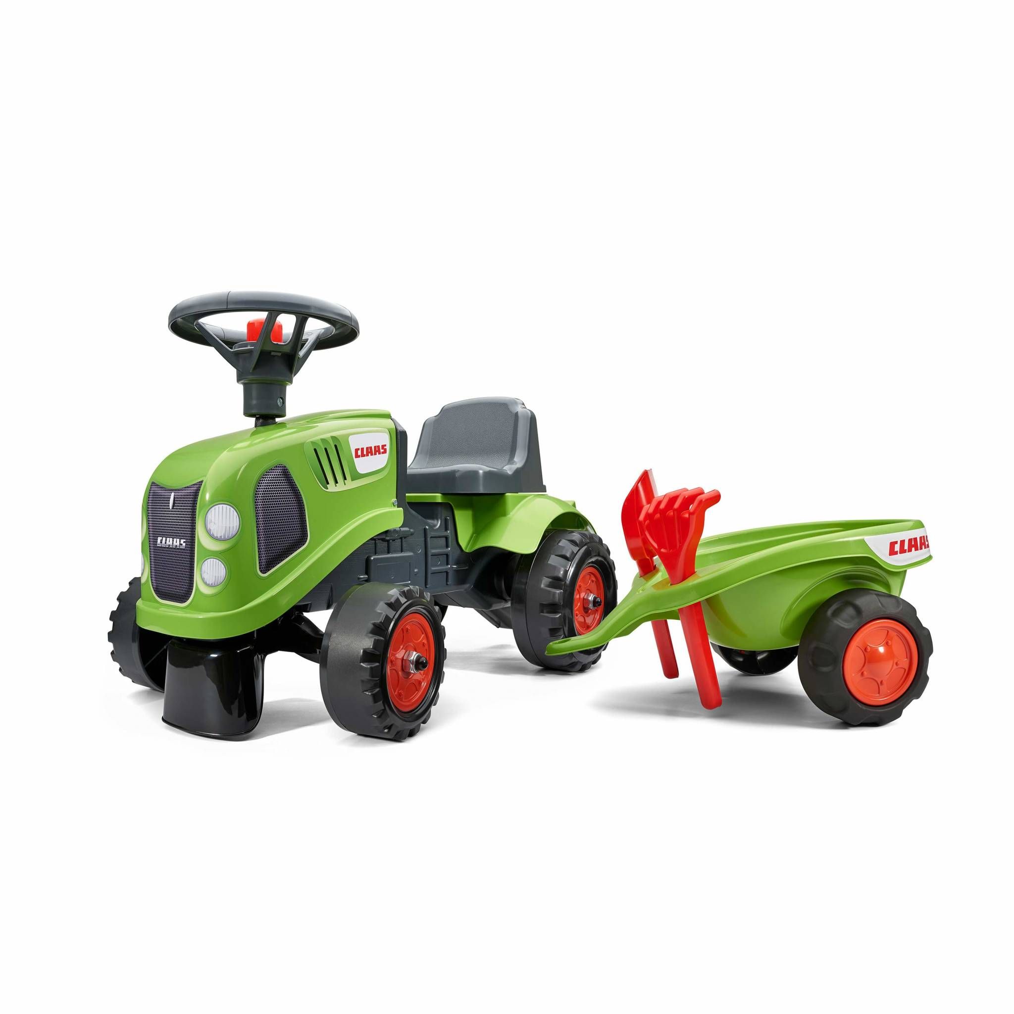 Porteur trotteur Tom Porteur tracteur remorque 2 roues Claas avec klaxon pelle et rateau vert Cdiscount Jeux Jouets