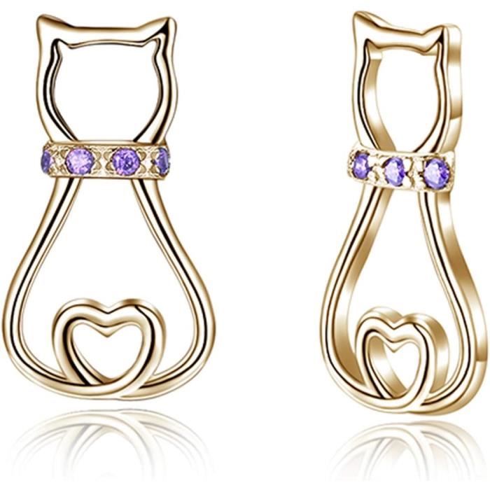 Pendentif Chat Mignon Or Rose Parure Chat Mignon En Argent 925 & Zircon - Collier, Boucles D'oreilles, Bracelet - Cadeau Femme/fille Noël & Anniversaire Bijoux Chat Argent