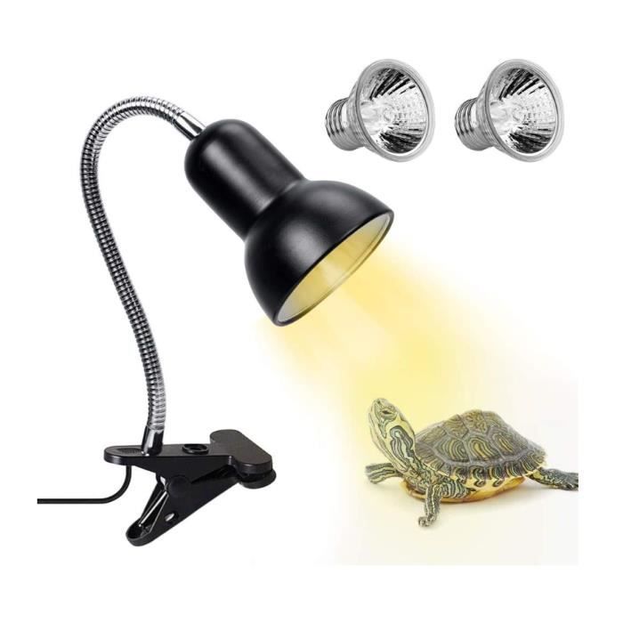 Lampe chauffante Tortue, 2 Ampoules UVA UVB 25W Lampe chauffante pour reptiles avec support Lampe Terrarium avec pince pivotante