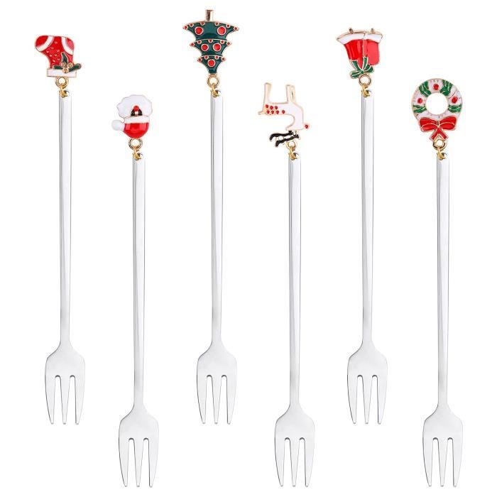 Ensemble De 6 Cuillères à Café/dessert De Noël En Inox - Avec Pendentifs Festifs (Père Noël, Sapin, Renne...), Pour Décoration De Table Et Cadeau