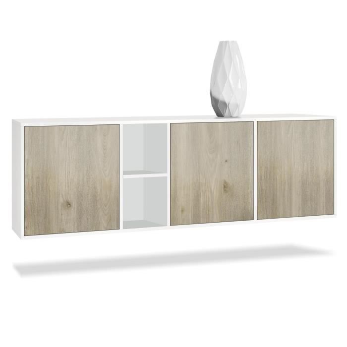 Vladon Buffet Armoire Cuba, Corps en Blanc mat Façades en Chêne